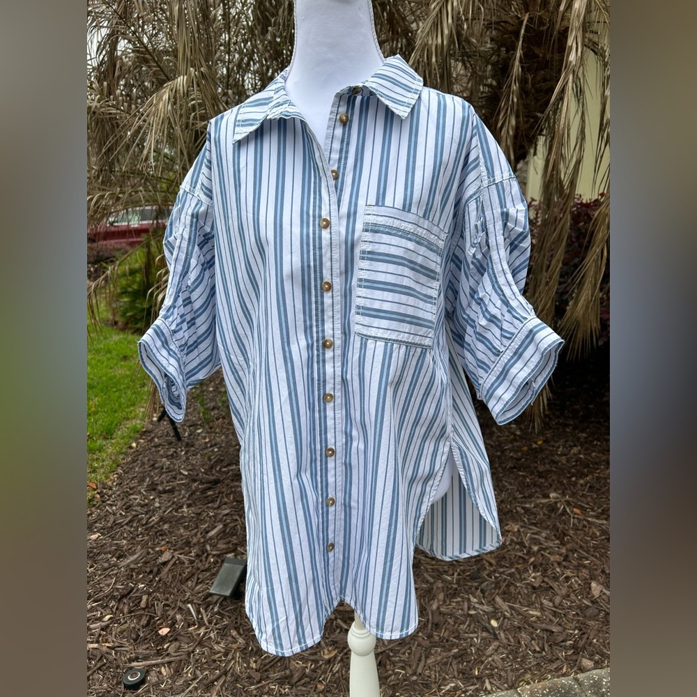 NWT🌷Anthropologie Striped Button Down w/ Short Puff Sleeves Shirt